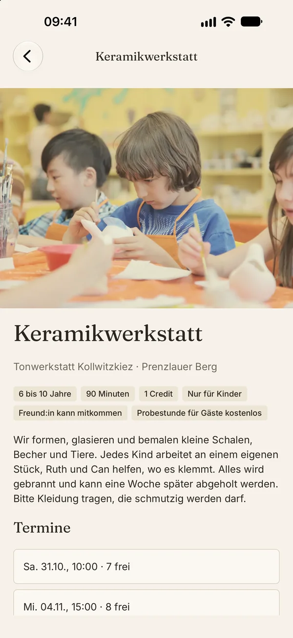 Die App: Keramikwerkstatt mit Fotos, Alter, Dauer und Terminen